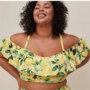 Torrid Lemon Leaves Yellow Off Shoulder Ruffle Swim Top 2X NWT 16915160